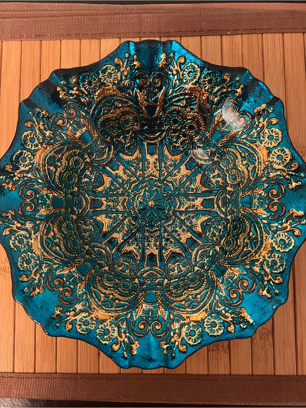 Ornate Teal and Gold Decorative Glass Wall Plate